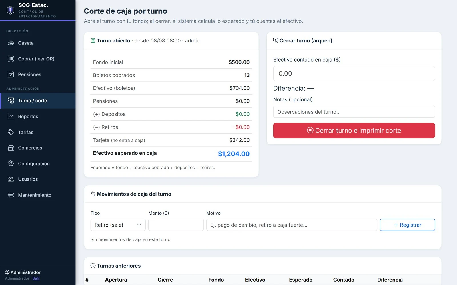 Corte por turno
