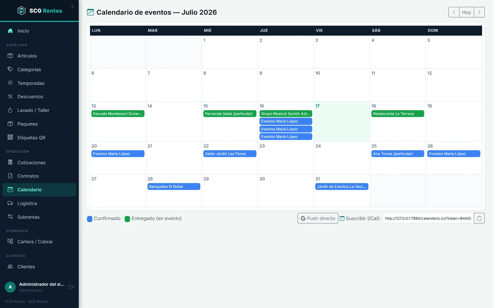 Calendario de eventos con las entregas y recolecciones del mes