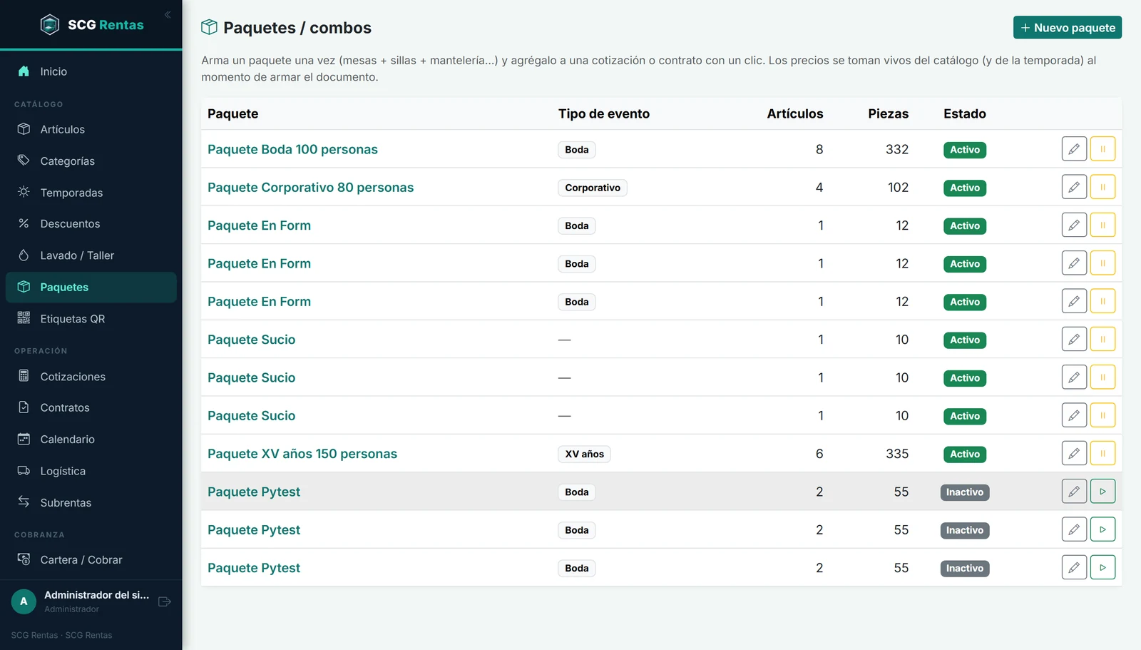 Paquetes de evento