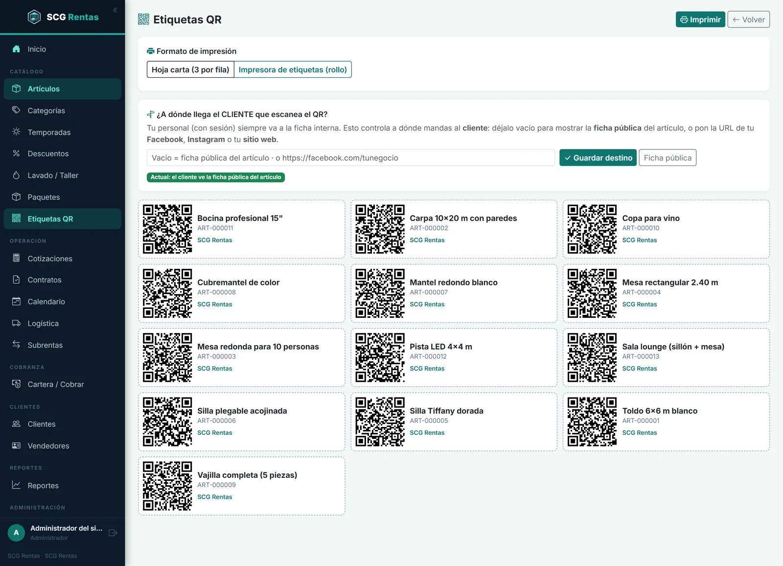 Etiquetas QR por artículo